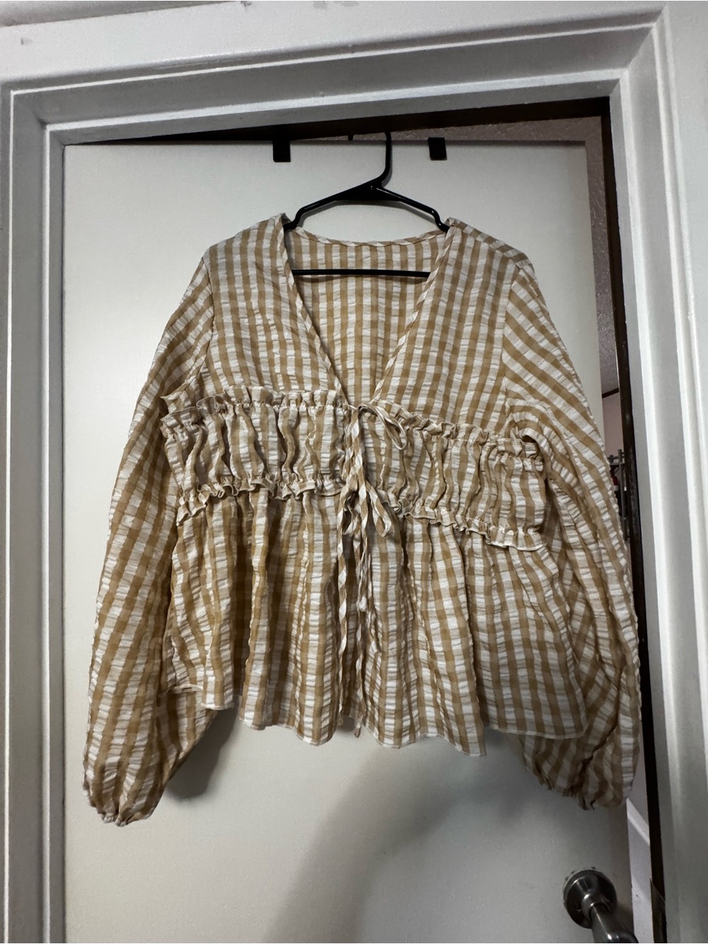 SHEIN Beige and White Gingham Peasant Blouse with Ruching